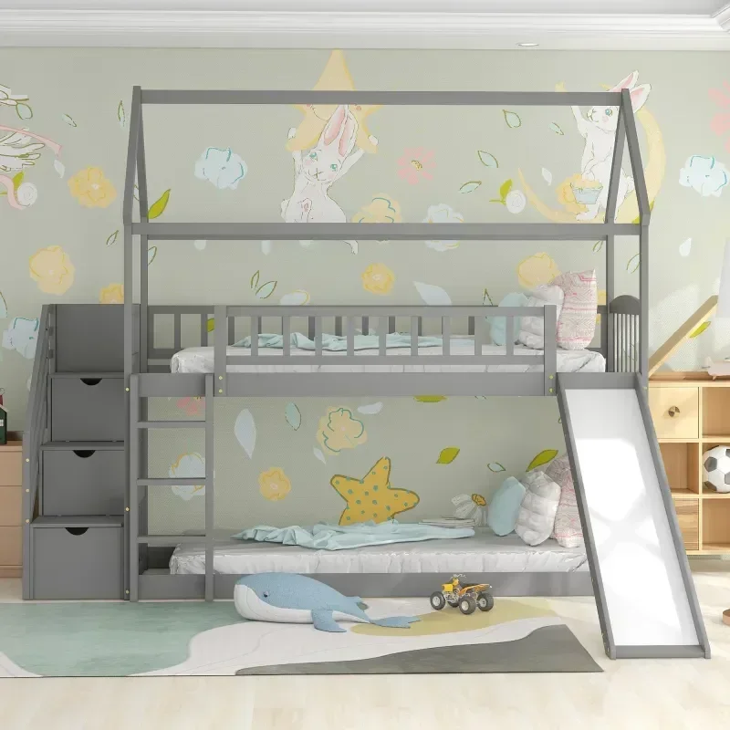 Solid wood children's double b - Bunk Bed With Stairs And Slide 评论和价格