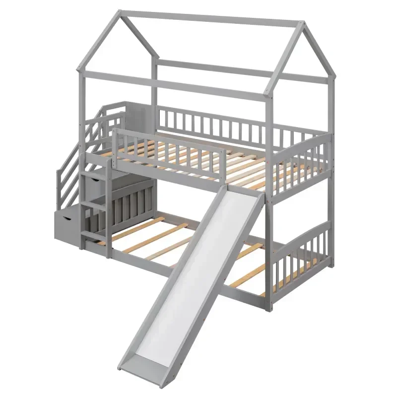 Solid wood children's double b - Bunk Bed With Stairs And Slide 评论和价格