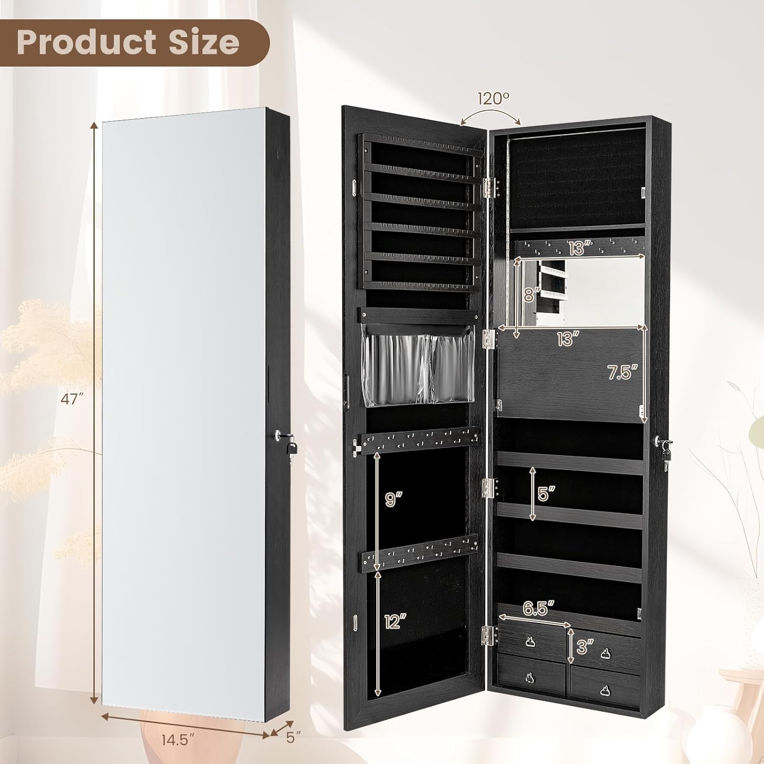 47” LED Jewelry Armoire, Door/ - Full Length Mirror Jewelry Armoire 评论和价格