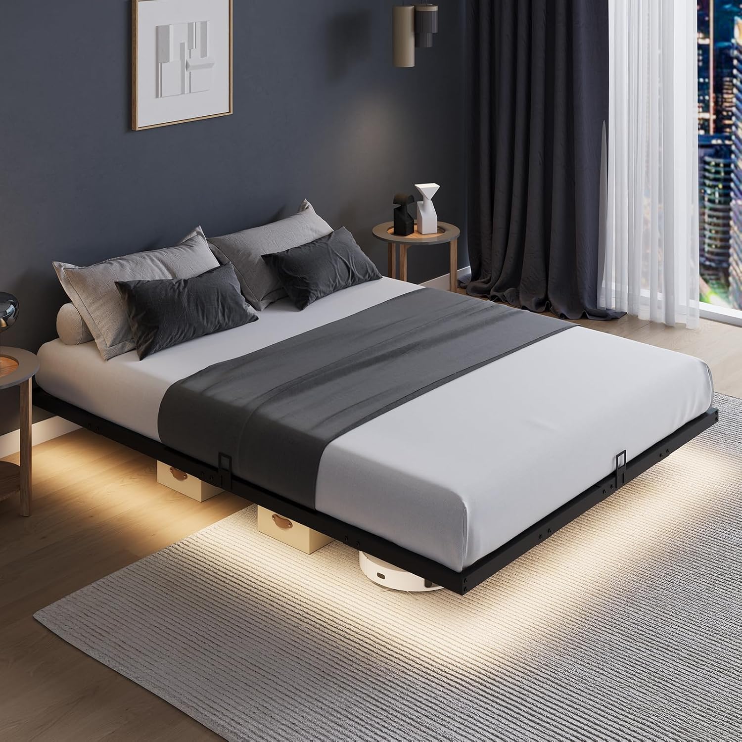 Floating Platform Bed Frame wi - Memory Foam Mattress In A Box Queen 评论和价格